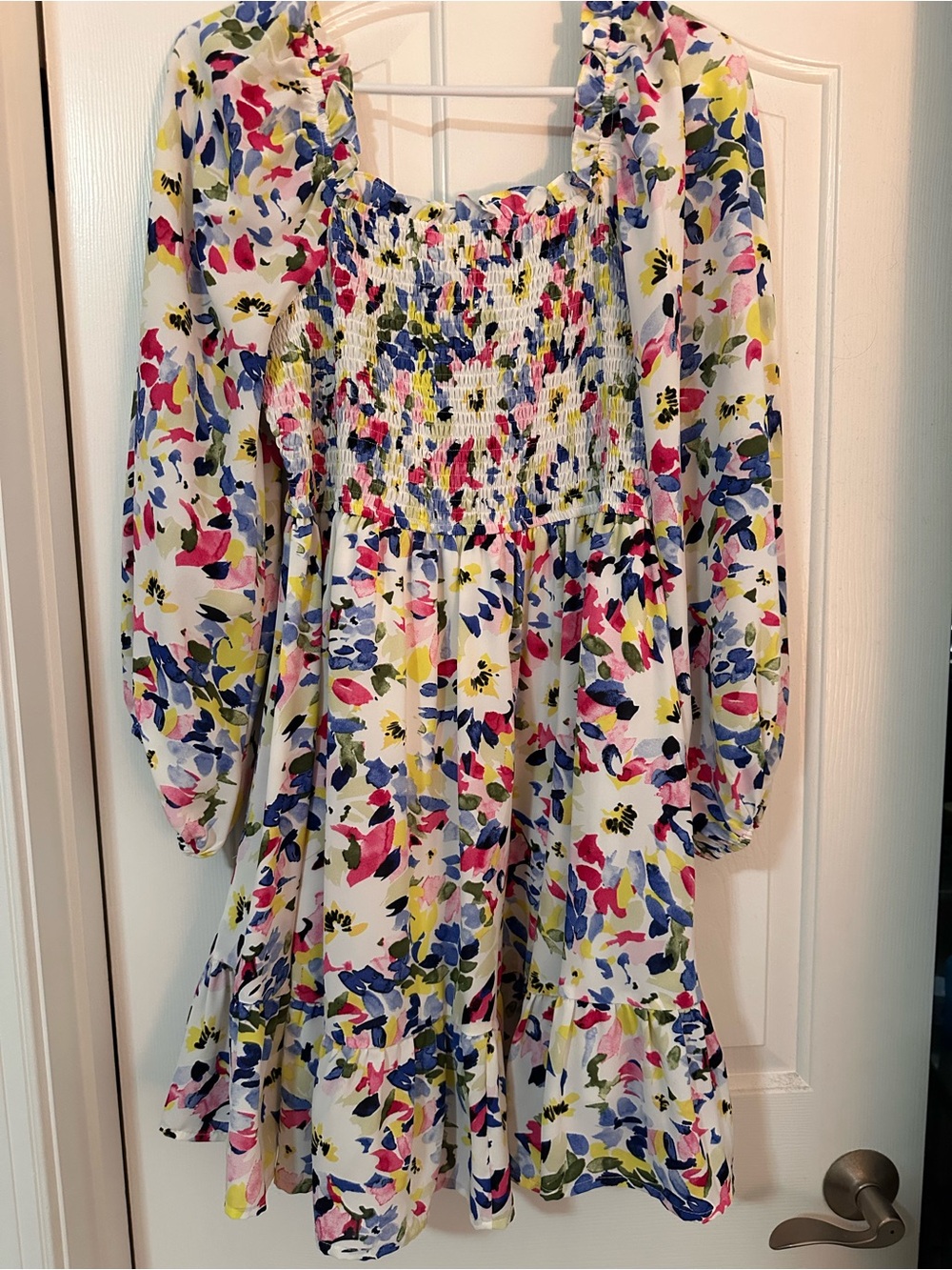 women's boutique' Floral Smocked Square-Neck Dress - White with Pink & Blue